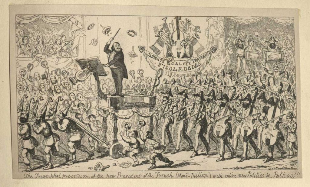 A large crowd of soldiers and citizens parade in song and dance to their new leader, who stands on a large podium conducting the procession with his baton.
