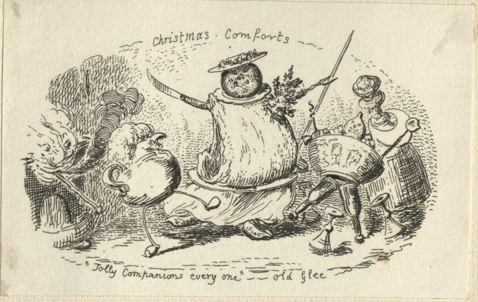 Elements of a dinner feast are made to look like humanoid characters, though they are made of bottles, knives, cups and other dining implements.