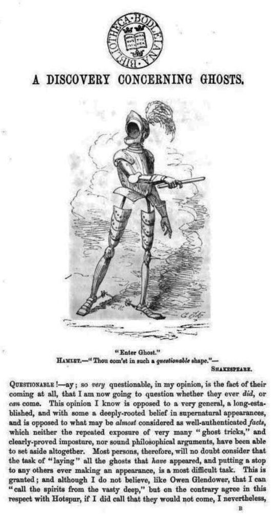 Captioned "A Discovery Concerning Ghosts," A suit of armor stands tall and holds a rod, though no one appears to be inside of it.