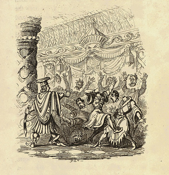 A well-dressed man with a sword decapitates a host of other well-dressed men in an ornate party-hall.
