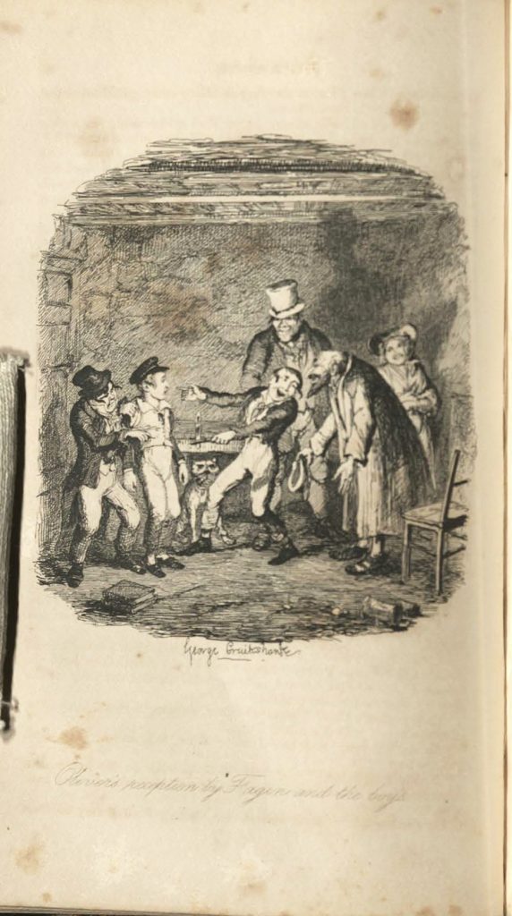 Oliver is presented to a group of men in a small, dark room.