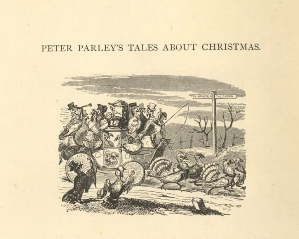 A flock of turkeys wearing hats and other miscellaneous accessories ride a carriage drawn by unclothed turkeys. A road sign in the background points to Norfolk (the direction from which the turkeys are leaving) and London (the direction towards which the turkeys are traveling).