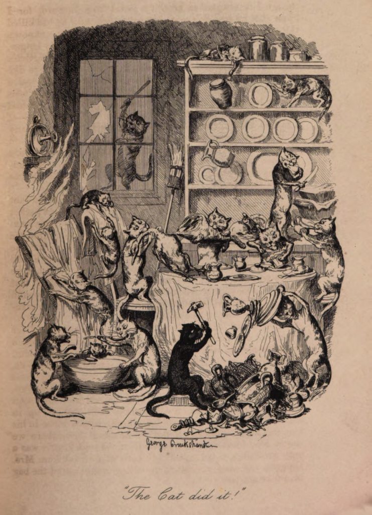 In this engraving, captioned “The Cat did it!” at least a dozen cats crowd a dining room, knocking over and smashing tableware, breaking windows, tearing laundry, and eating the food. A few cats wield weapons of destruction, including hammers and sticks.