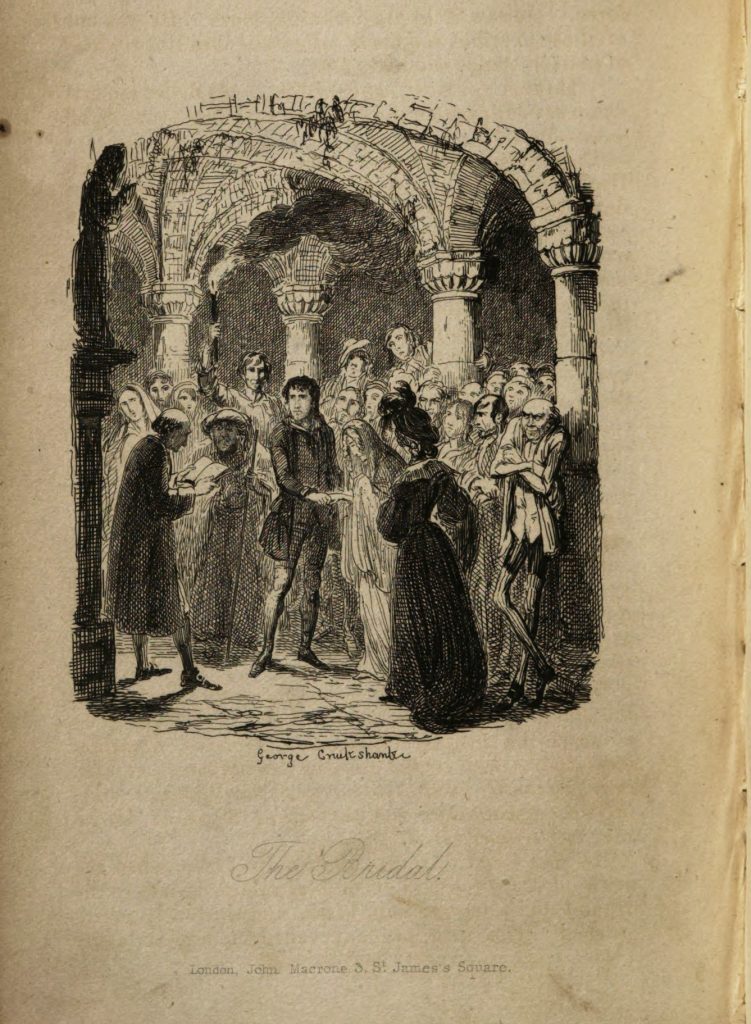 Dozens of people gather for a wedding, though the attendants seem solemn rather than joyful. The Bride and Groom hold hands, standing with a priest.