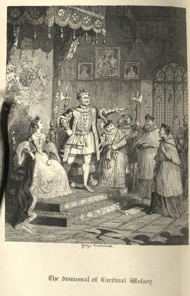 A King and Queen at their thrones. The Queen sits and watches as the King stands next to her, pointing away from them towards court members.