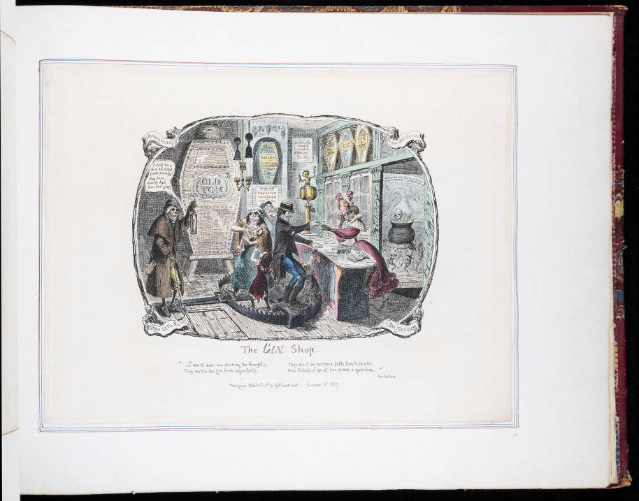 Scrapbook containing 27 plates of illustrations, two photographs -- one of George Cruikshank and one of James Gibbs -- tipped in, and a handwritten letter from George Cruikshank to James Gibbs. Some pages have multiple illustrations and all illustrations but one are in color.