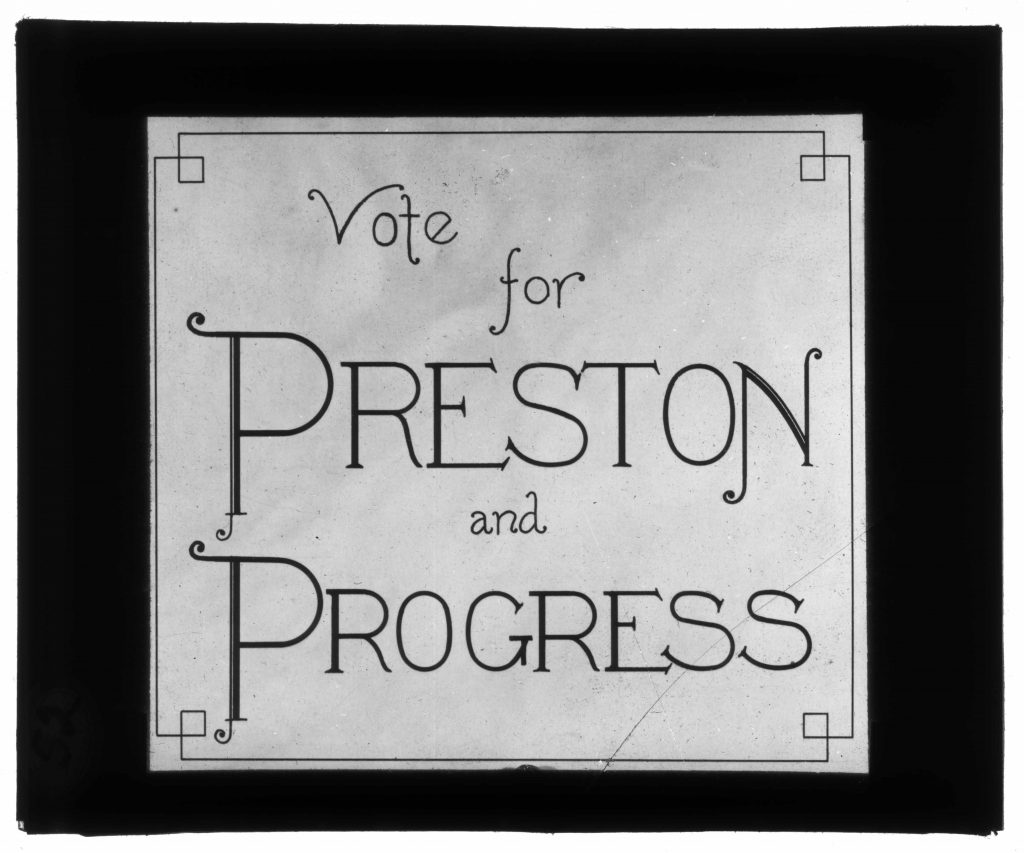 Campaign advertisement for James Preston that reads, Vote for Preston and Progress.