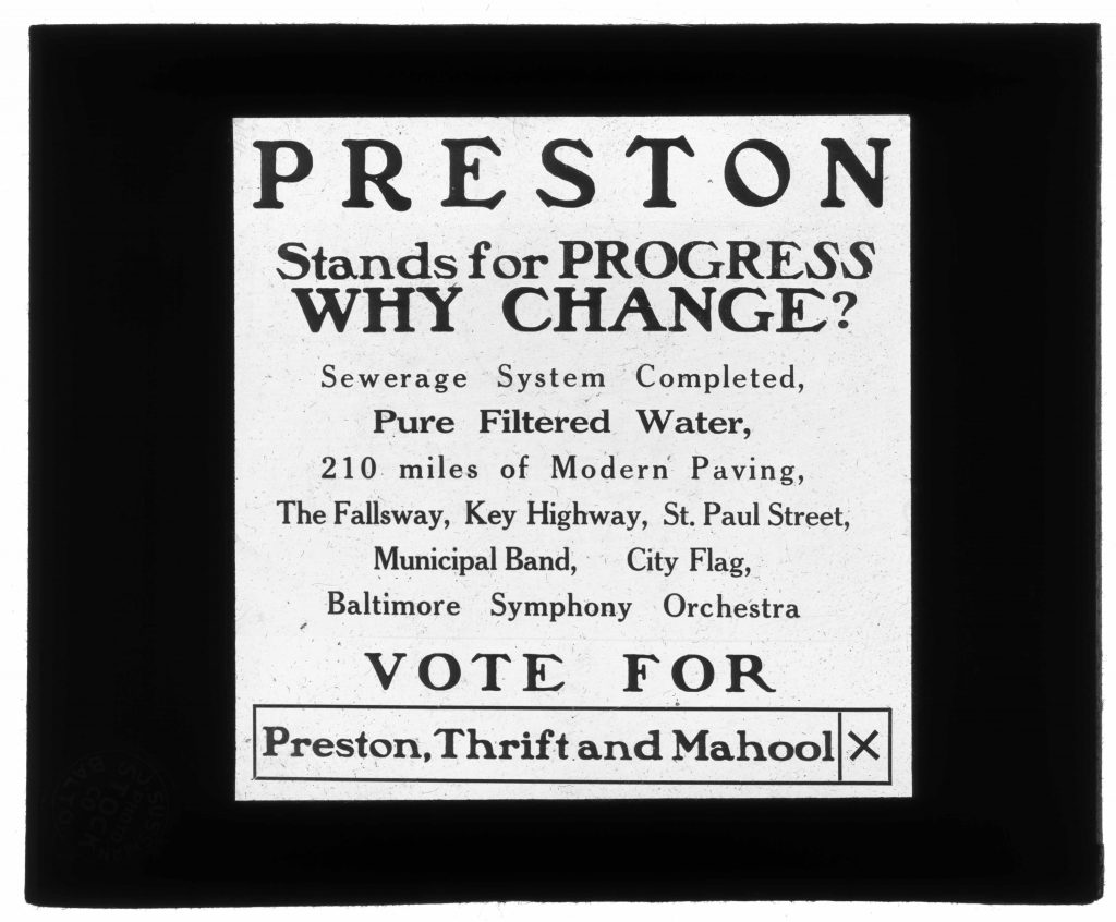 Campaign advertisement for James Preston that reads, Preston Stands for Progress Why Change?